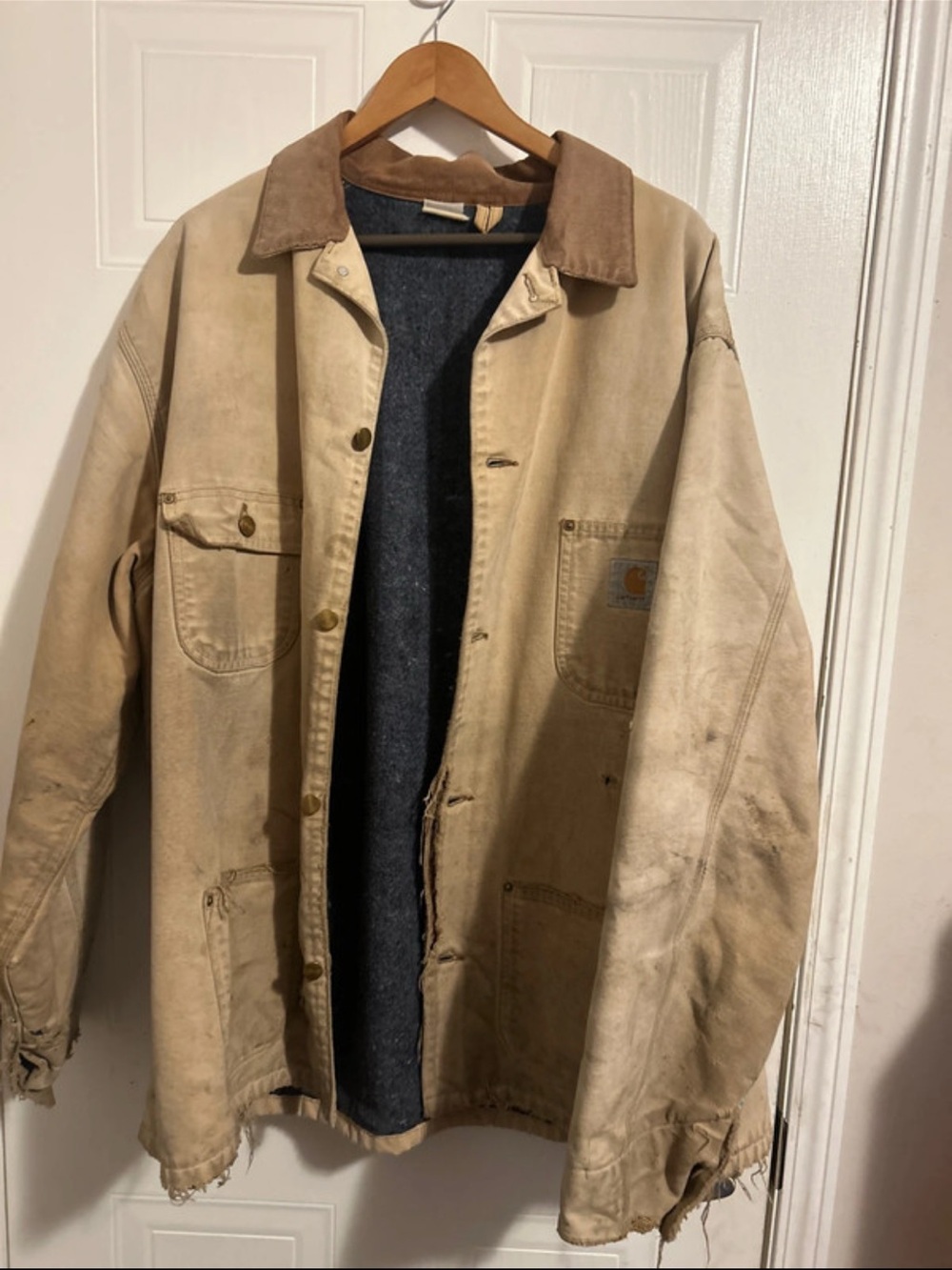 Carhartt Beige/Tan Duck Canvas Jacket with Brown Corduroy Collar
